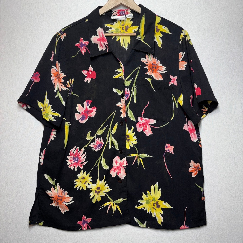 Alfred Dunner Floral Button Front Blouse Black‎ Pink Yellow Size 16